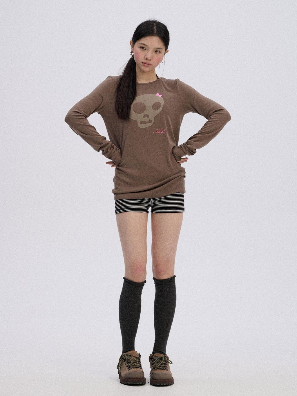 Achihara Skull Print Round Neck Straight Fit Women'S Cotton Blend Long Sleeve T-Shirts