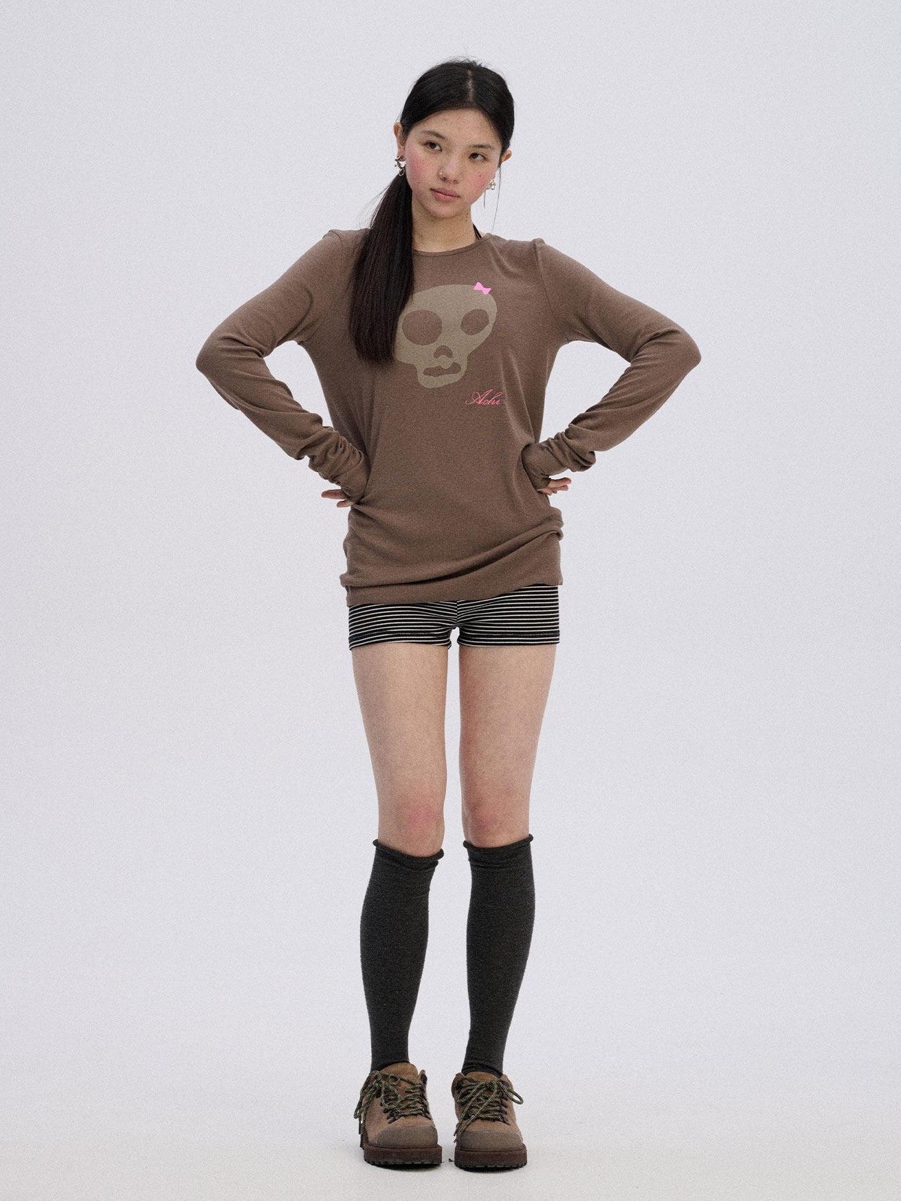 Achihara Skull Print Round Neck Straight Fit Women'S Cotton Blend Long Sleeve T-Shirts