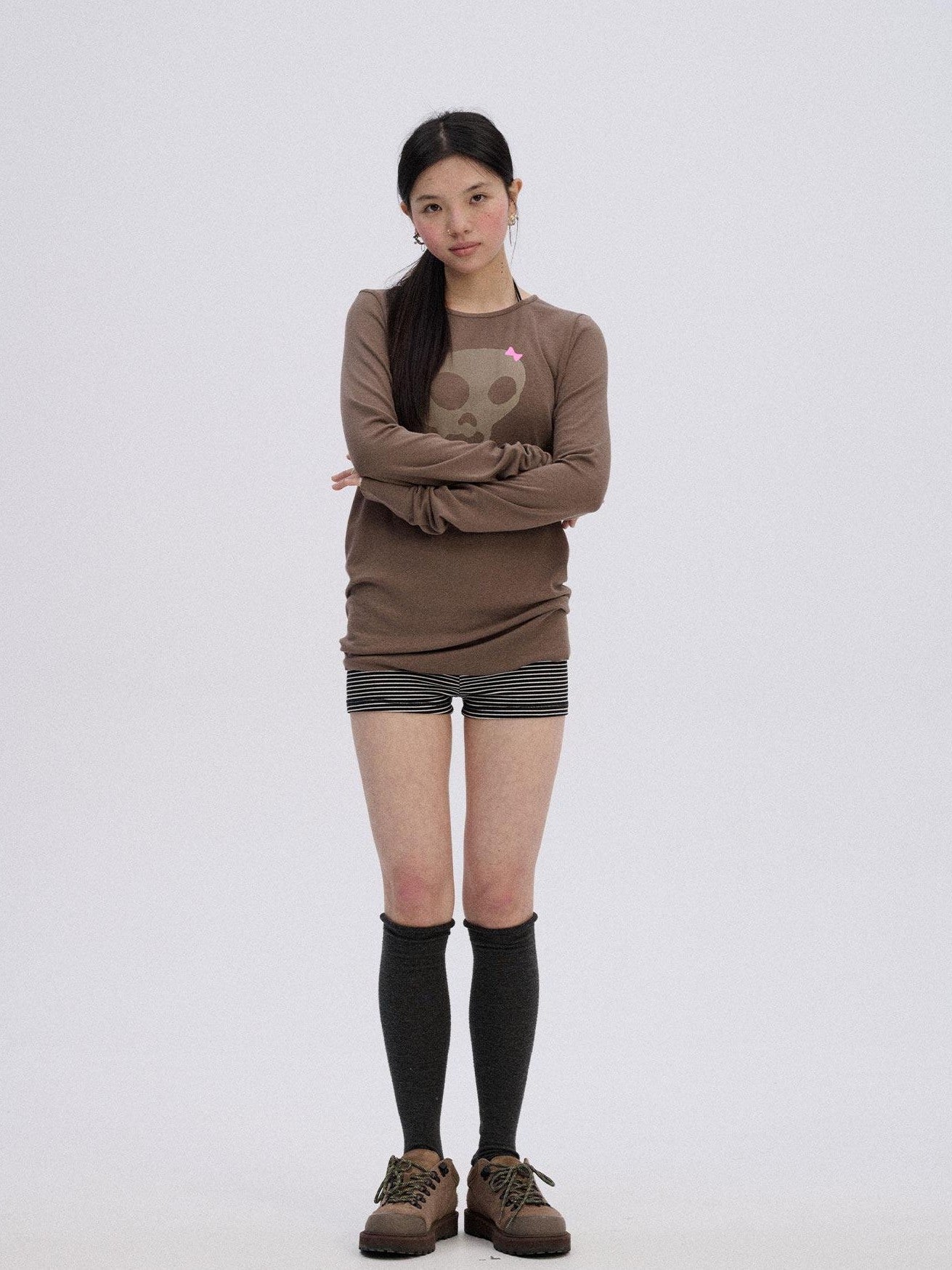 Achihara Skull Print Round Neck Straight Fit Women'S Cotton Blend Long Sleeve T-Shirts