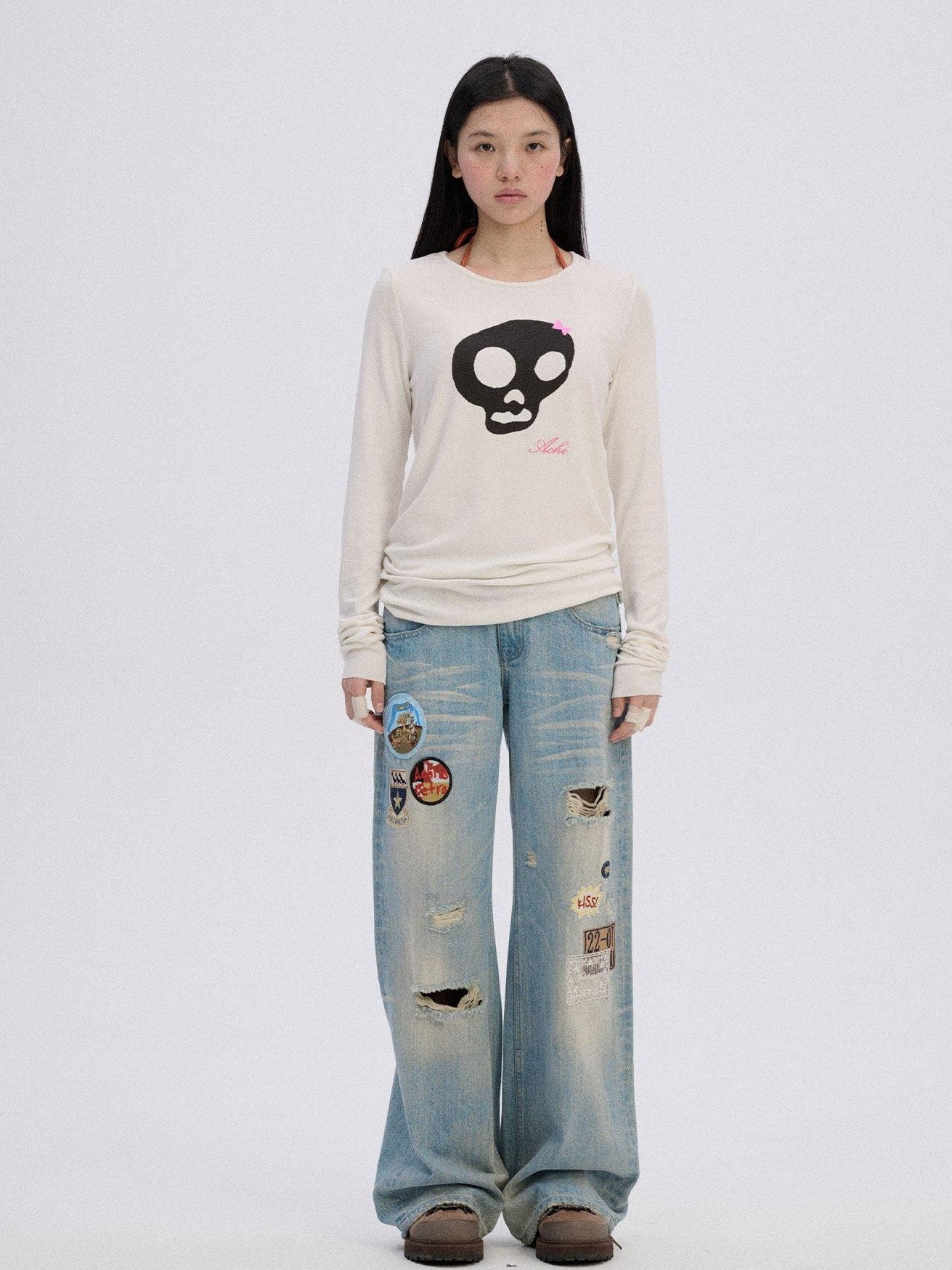 Achihara Skull Print Round Neck Straight Fit Women'S Cotton Blend Long Sleeve T-Shirts
