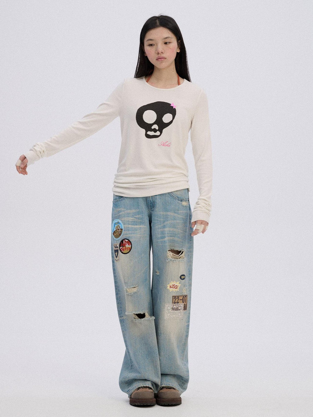 Achihara Skull Print Round Neck Straight Fit Women'S Cotton Blend Long Sleeve T-Shirts