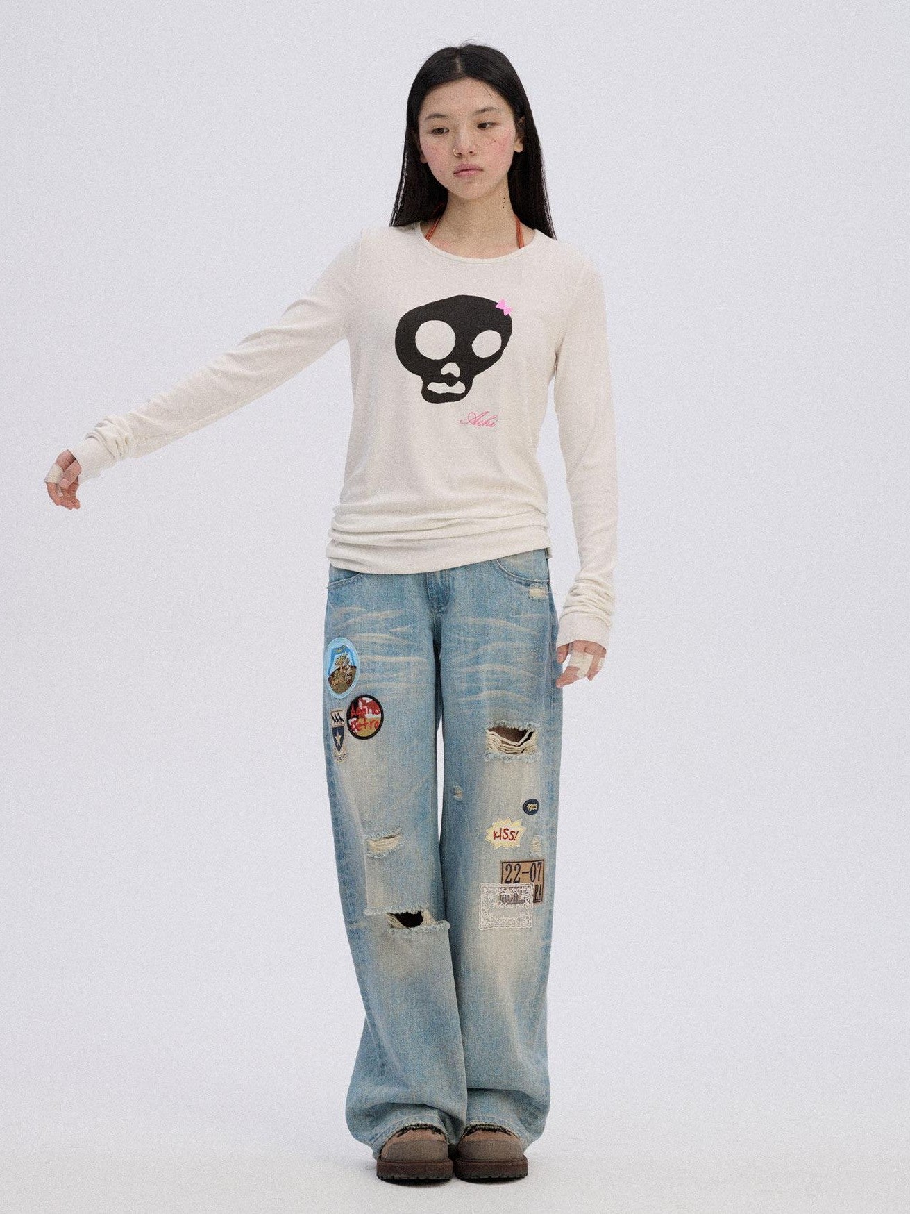 Achihara Skull Print Round Neck Straight Fit Women'S Cotton Blend Long Sleeve T-Shirts