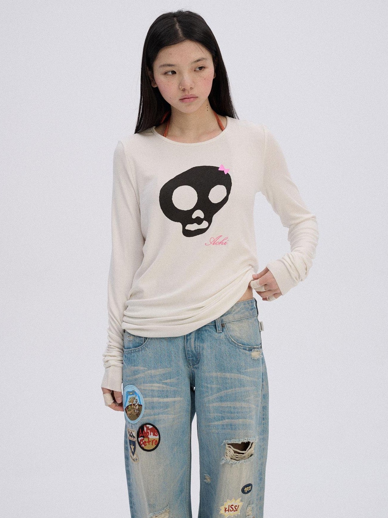 Achihara Skull Print Round Neck Straight Fit Women'S Cotton Blend Long Sleeve T-Shirts