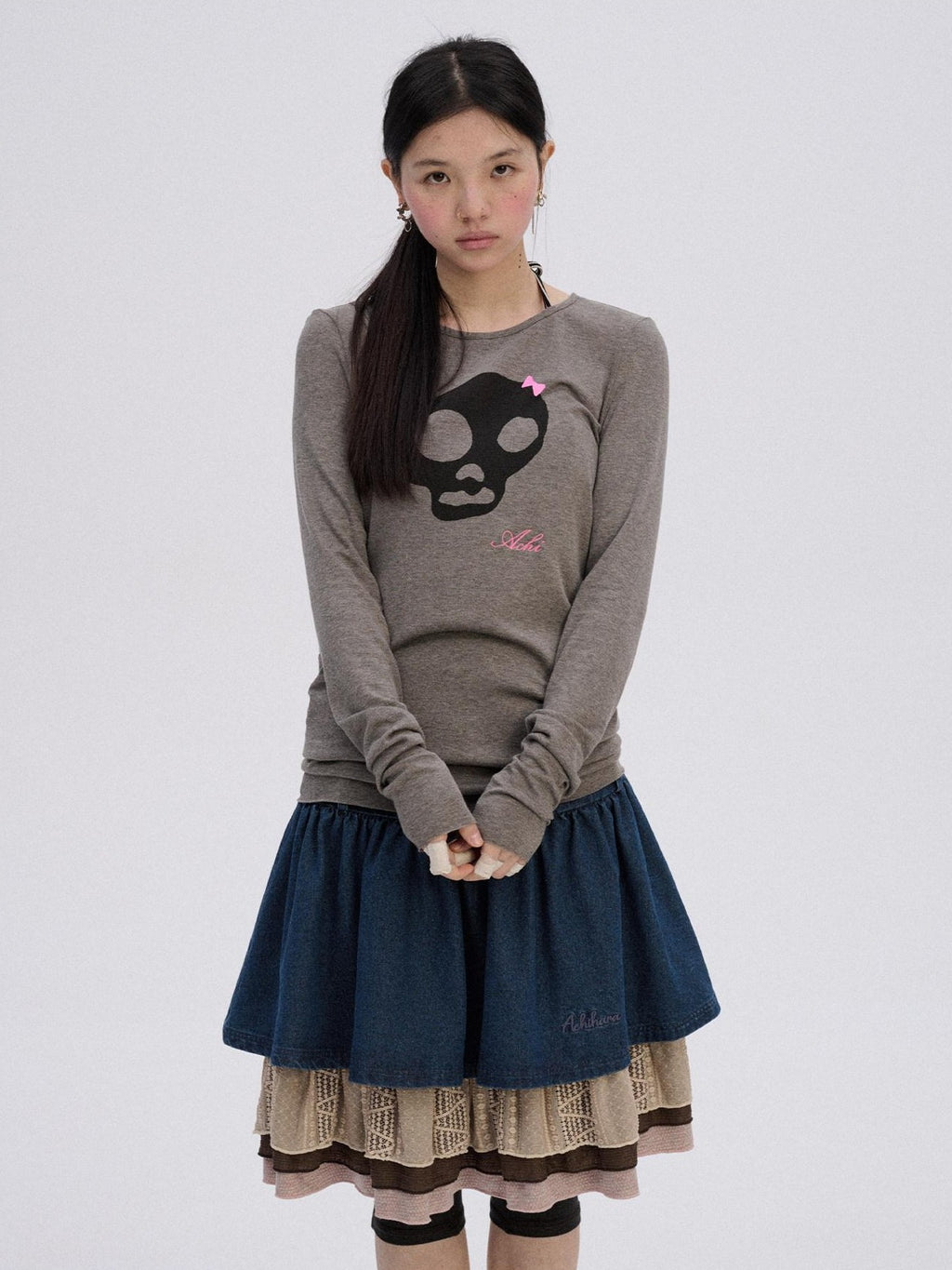 Achihara Skull Print Round Neck Straight Fit Women'S Cotton Blend Long Sleeve T-Shirts
