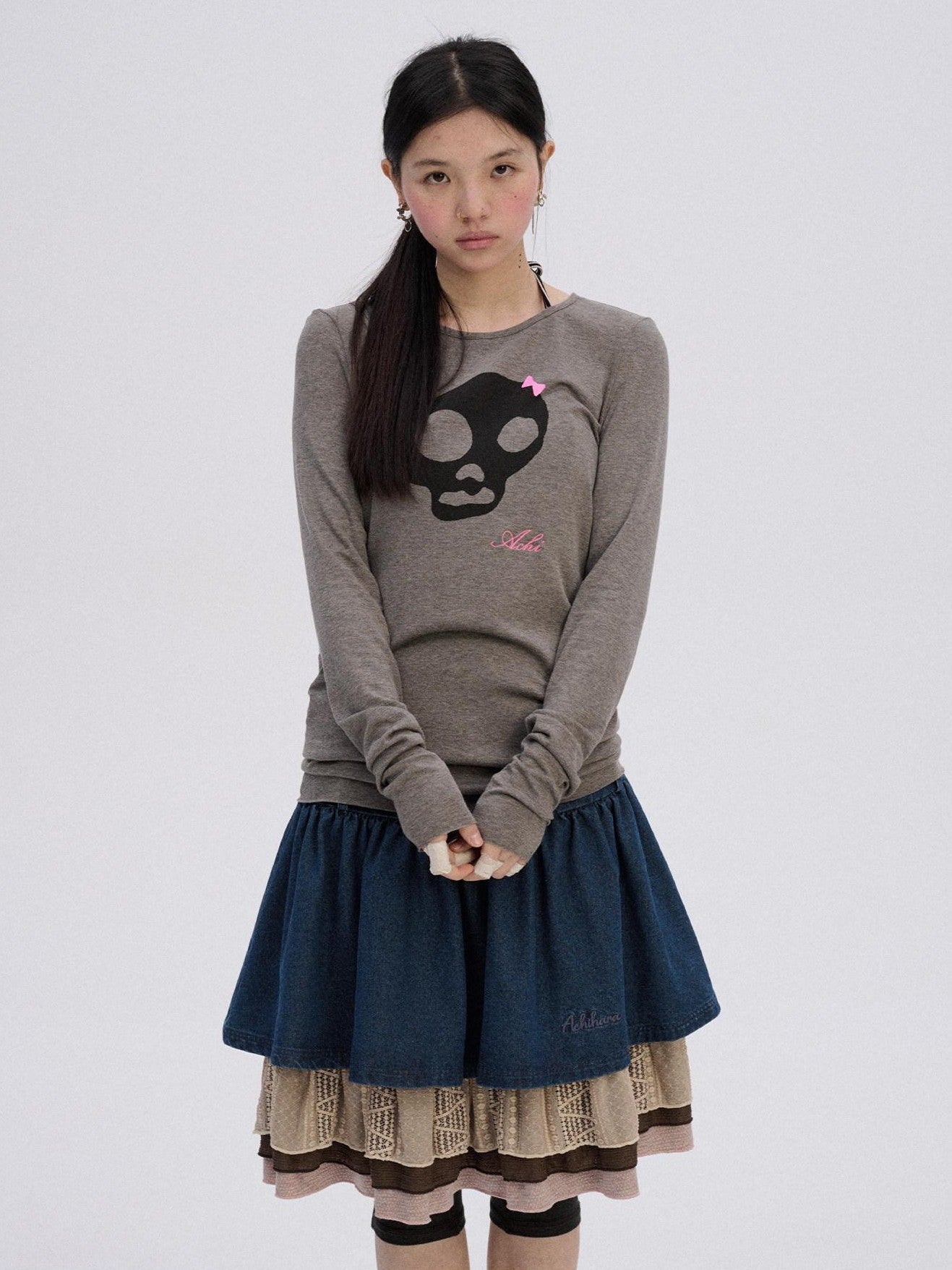 Achihara Skull Print Round Neck Straight Fit Women'S Cotton Blend Long Sleeve T-Shirts
