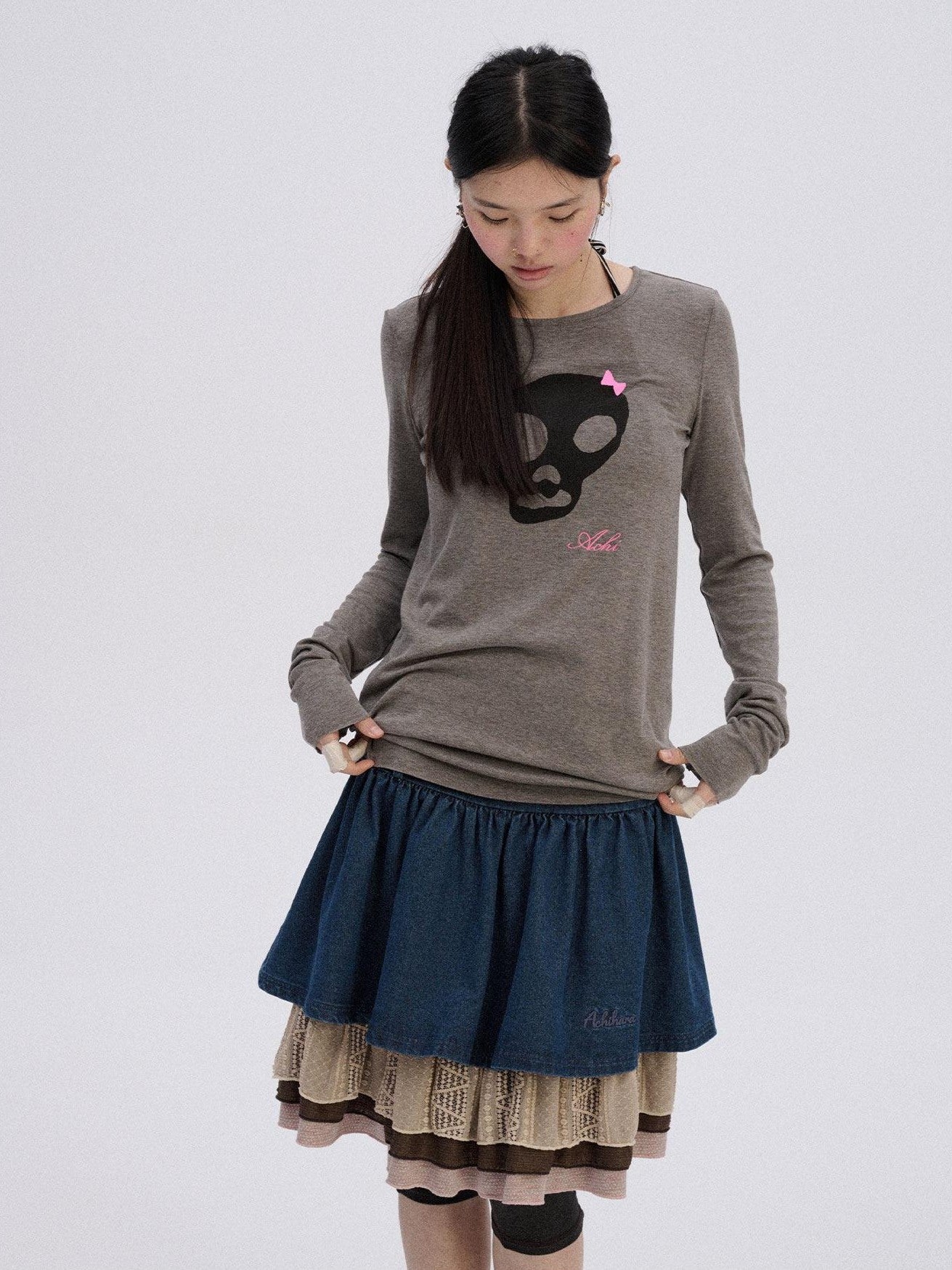 Achihara Skull Print Round Neck Straight Fit Women'S Cotton Blend Long Sleeve T-Shirts