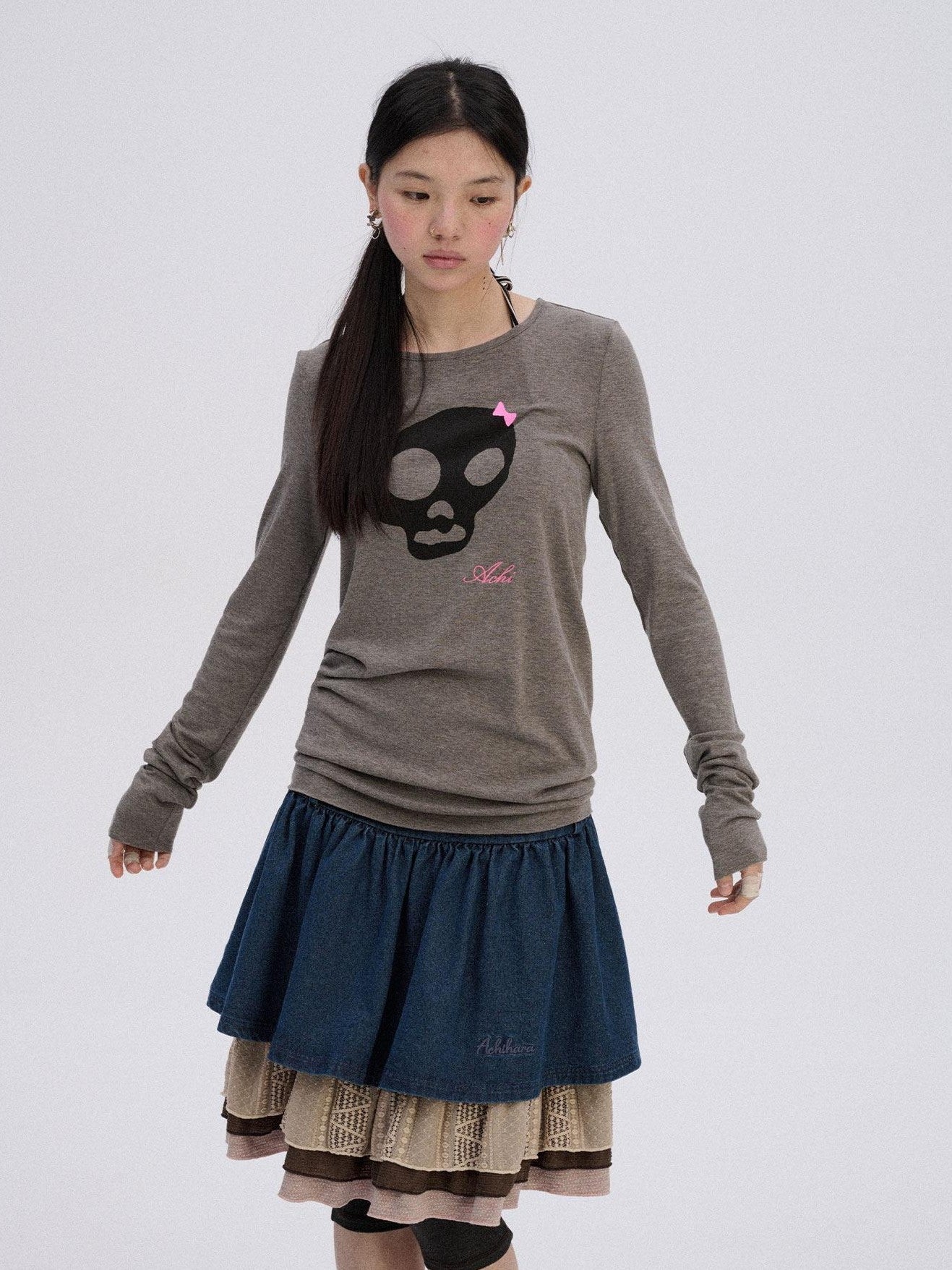 Achihara Skull Print Round Neck Straight Fit Women'S Cotton Blend Long Sleeve T-Shirts