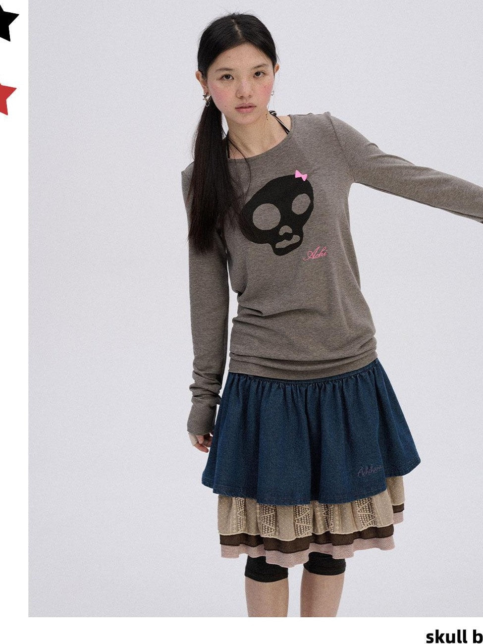 Achihara Skull Print Round Neck Straight Fit Women'S Cotton Blend Long Sleeve T-Shirts