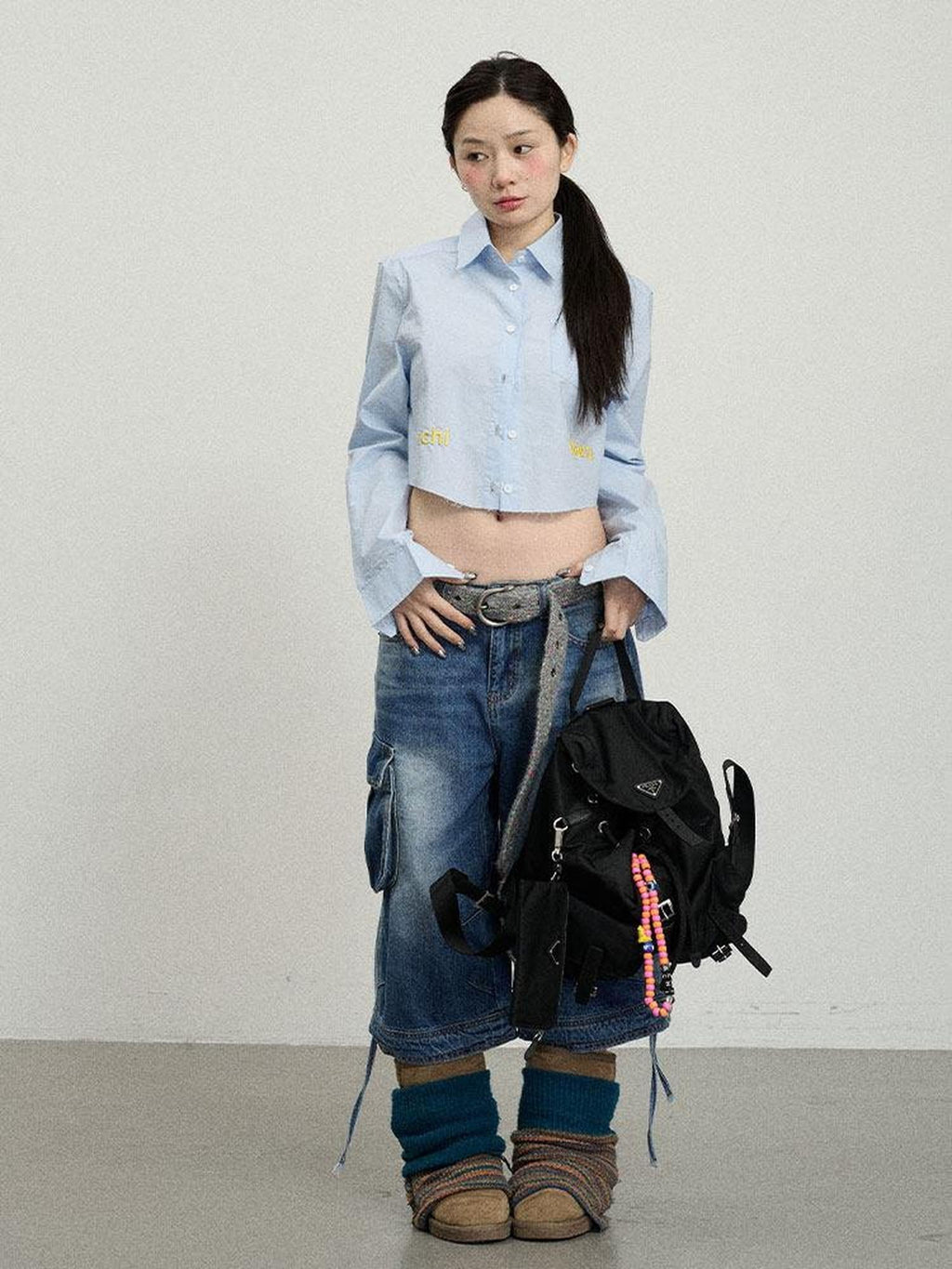 Achihara Soda Blue Turn Down Collar Straight Cut Women'S Cotton Long Sleeve T-Shirts