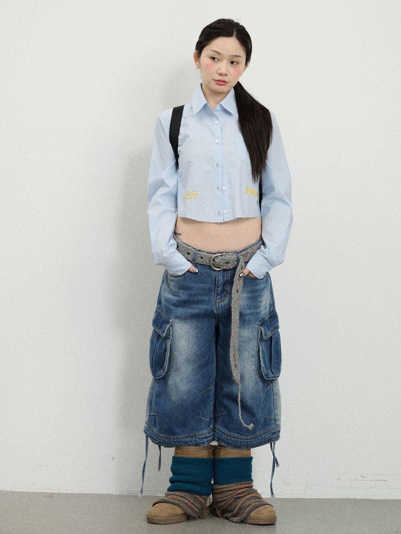 Achihara Soda Blue Turn Down Collar Straight Cut Women'S Cotton Long Sleeve T-Shirts
