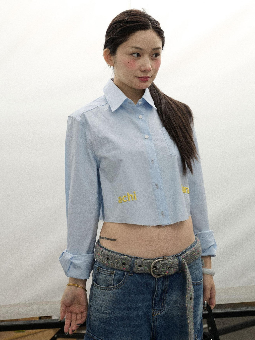Achihara Soda Blue Turn Down Collar Straight Cut Women'S Cotton Long Sleeve T-Shirts