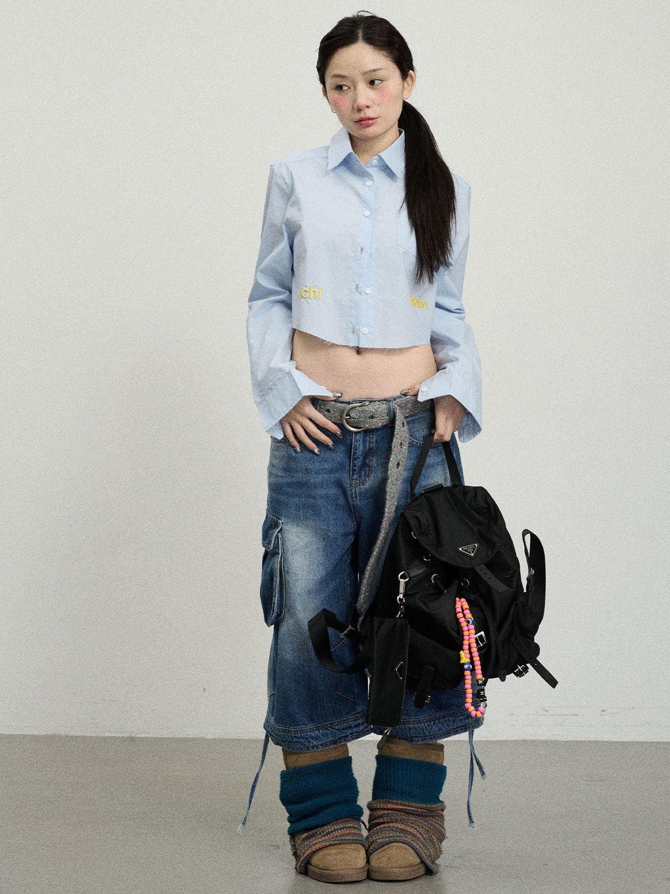 Achihara Soda Blue Turn Down Collar Straight Cut Women'S Cotton Long Sleeve T-Shirts