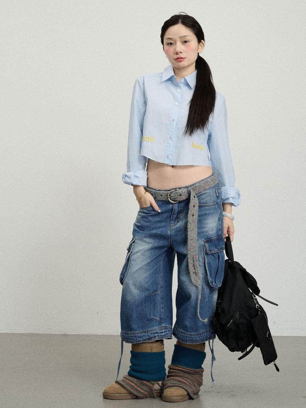 Achihara Soda Blue Turn Down Collar Straight Cut Women'S Cotton Long Sleeve T-Shirts
