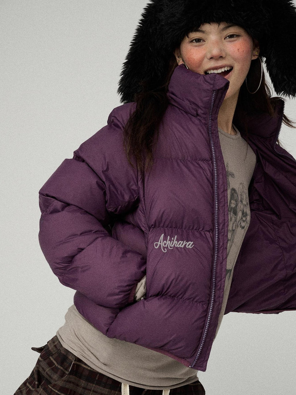 Achihara Solid Color Cropped Hooded Straight Cut Zip Front Women'S Cotton Puffer Jackets