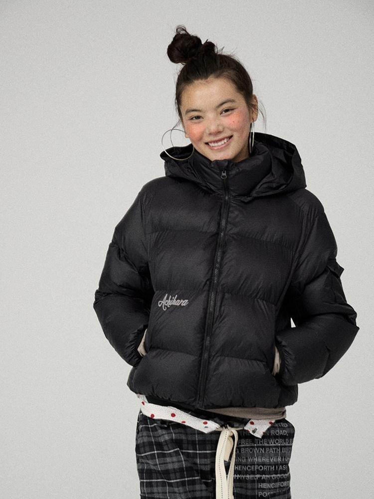 Achihara Solid Color Cropped Hooded Straight Cut Zip Front Women'S Cotton Puffer Jackets