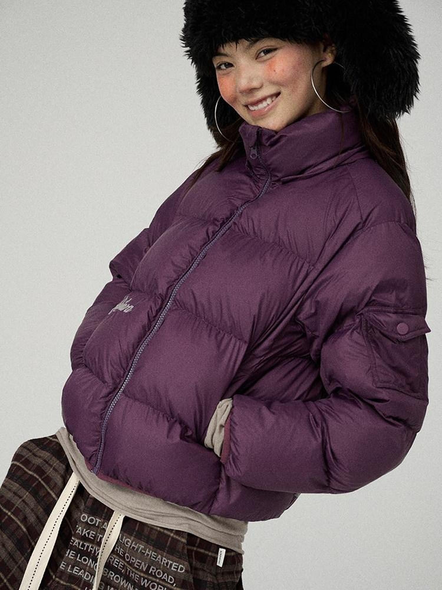 Achihara Solid Color Cropped Hooded Straight Cut Zip Front Women'S Cotton Puffer Jackets