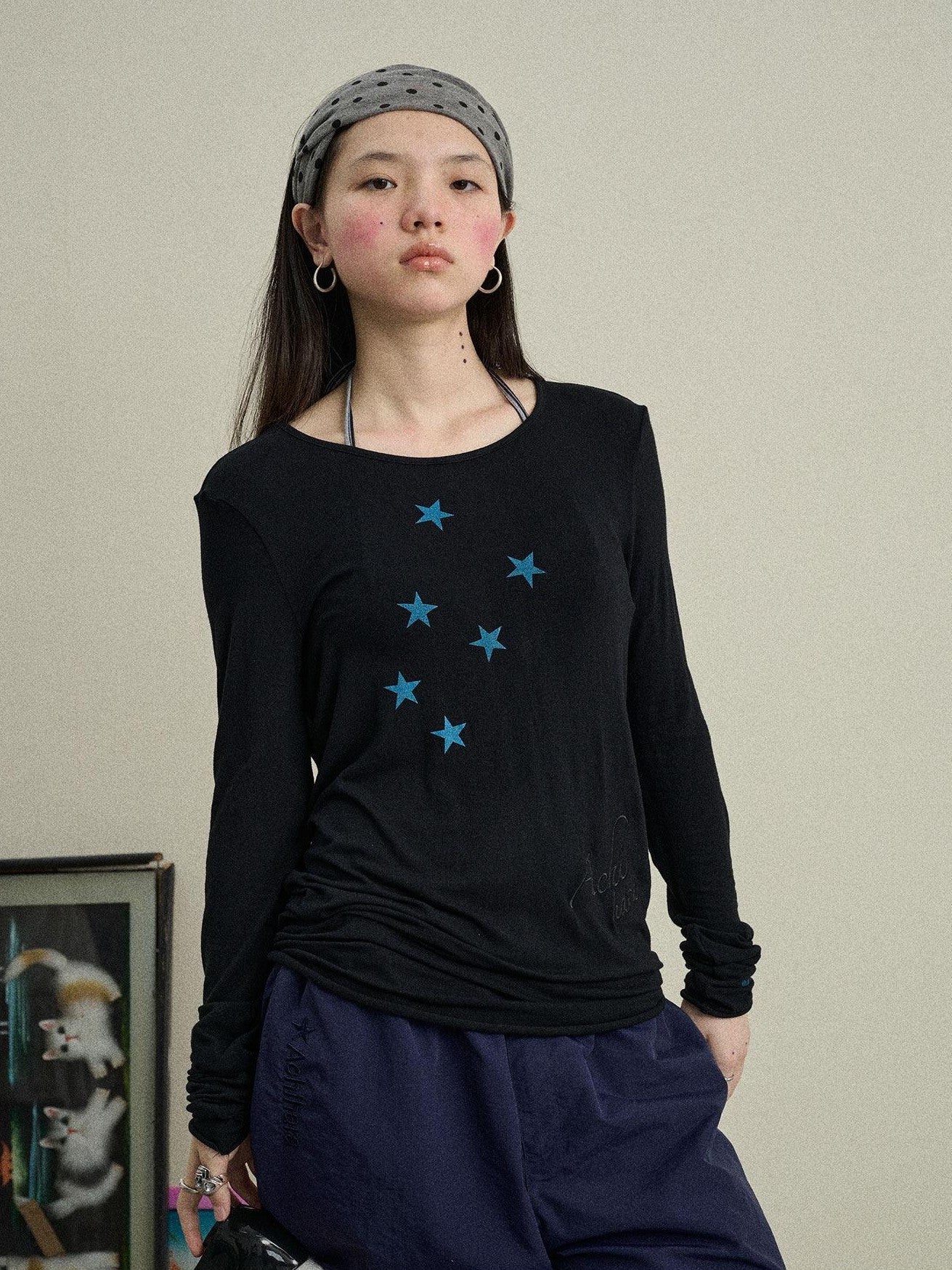 Achihara Star Cross Print Embroidered Women'S Viscose Blend Long Sleeve T-Shirts