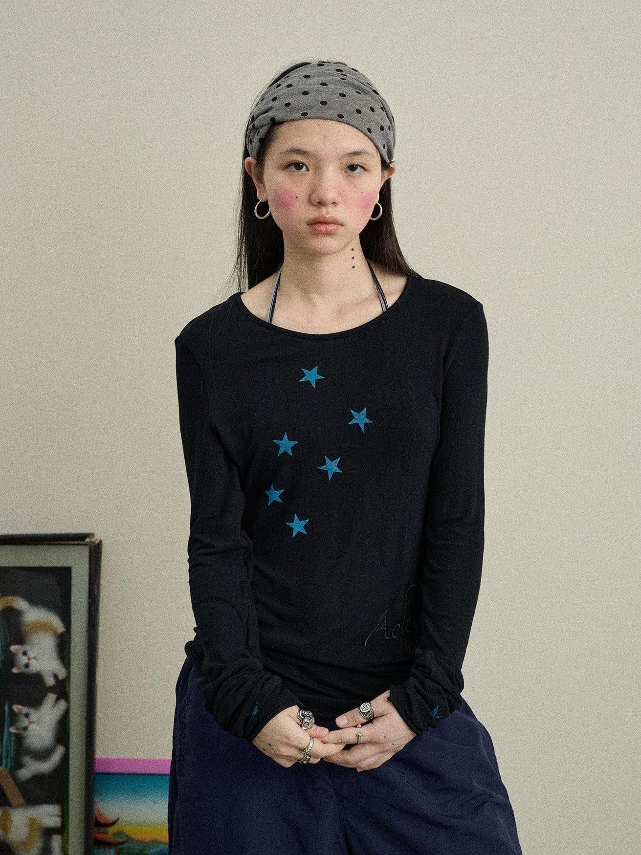 Achihara Star Cross Print Embroidered Women'S Viscose Blend Long Sleeve T-Shirts