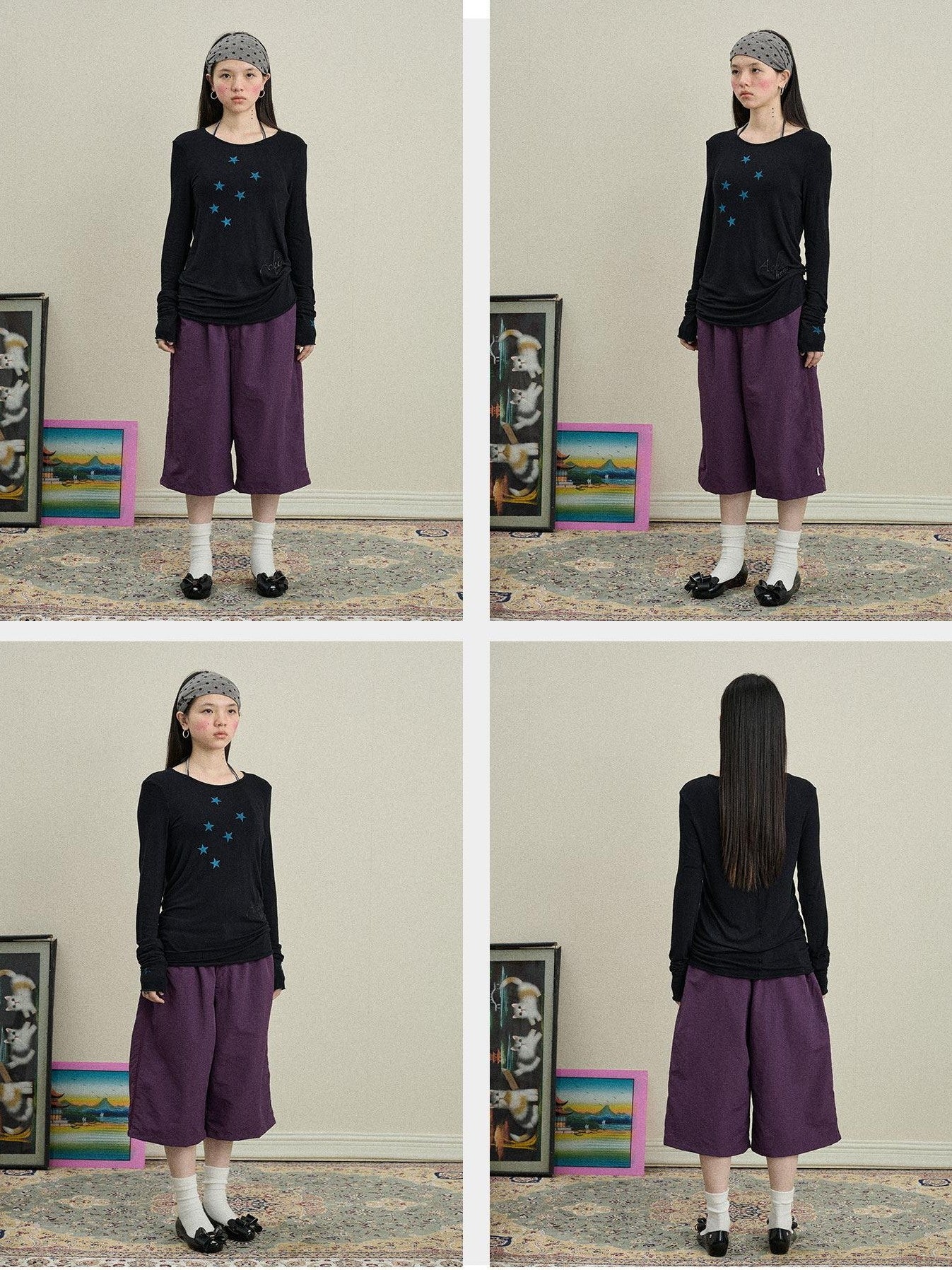Achihara Star Cross Print Embroidered Women'S Viscose Blend Long Sleeve T-Shirts