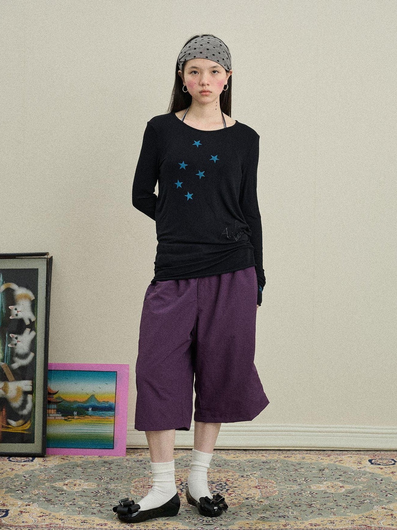 Achihara Star Cross Print Embroidered Women'S Viscose Blend Long Sleeve T-Shirts