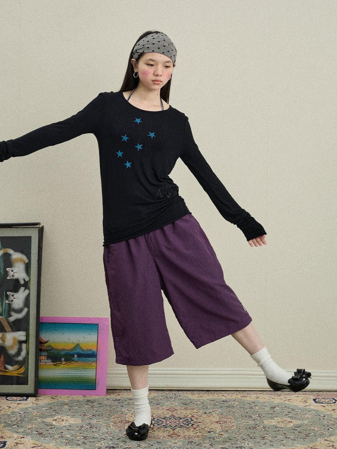 Achihara Star Cross Print Embroidered Women'S Viscose Blend Long Sleeve T-Shirts