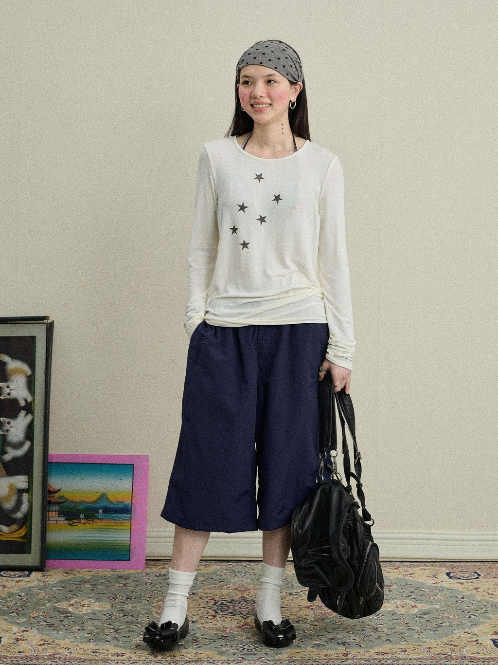 Achihara Star Cross Print Embroidered Women'S Viscose Blend Long Sleeve T-Shirts