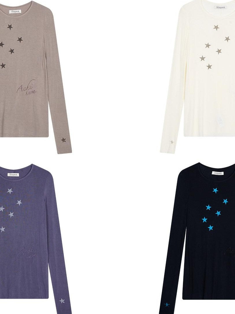 Achihara Star Cross Print Embroidered Women'S Viscose Blend Long Sleeve T-Shirts