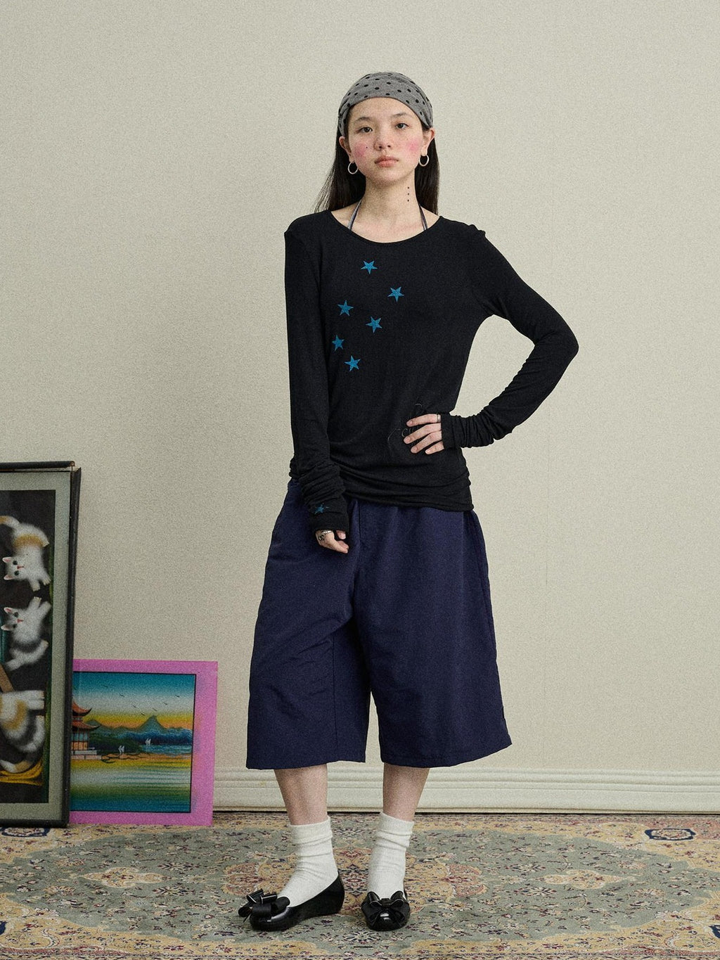 Achihara Star Cross Print Embroidered Women'S Viscose Blend Long Sleeve T-Shirts