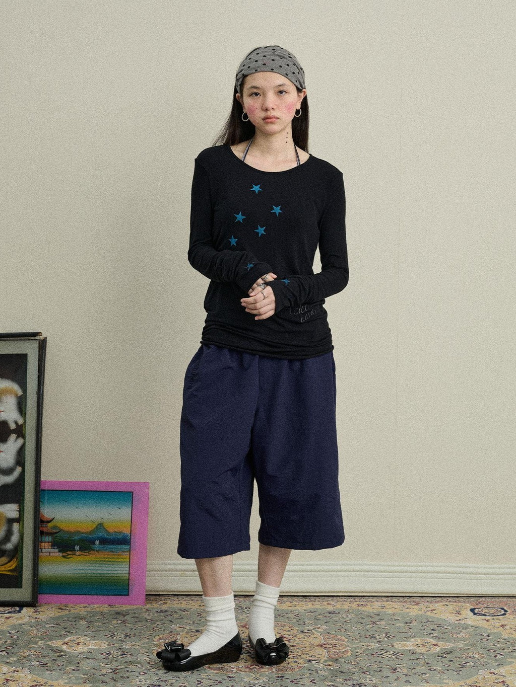 Achihara Star Cross Print Embroidered Women'S Viscose Blend Long Sleeve T-Shirts