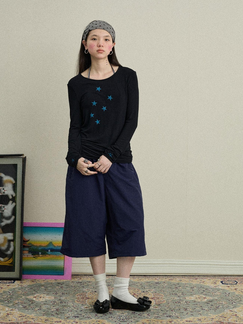 Achihara Star Cross Print Embroidered Women'S Viscose Blend Long Sleeve T-Shirts