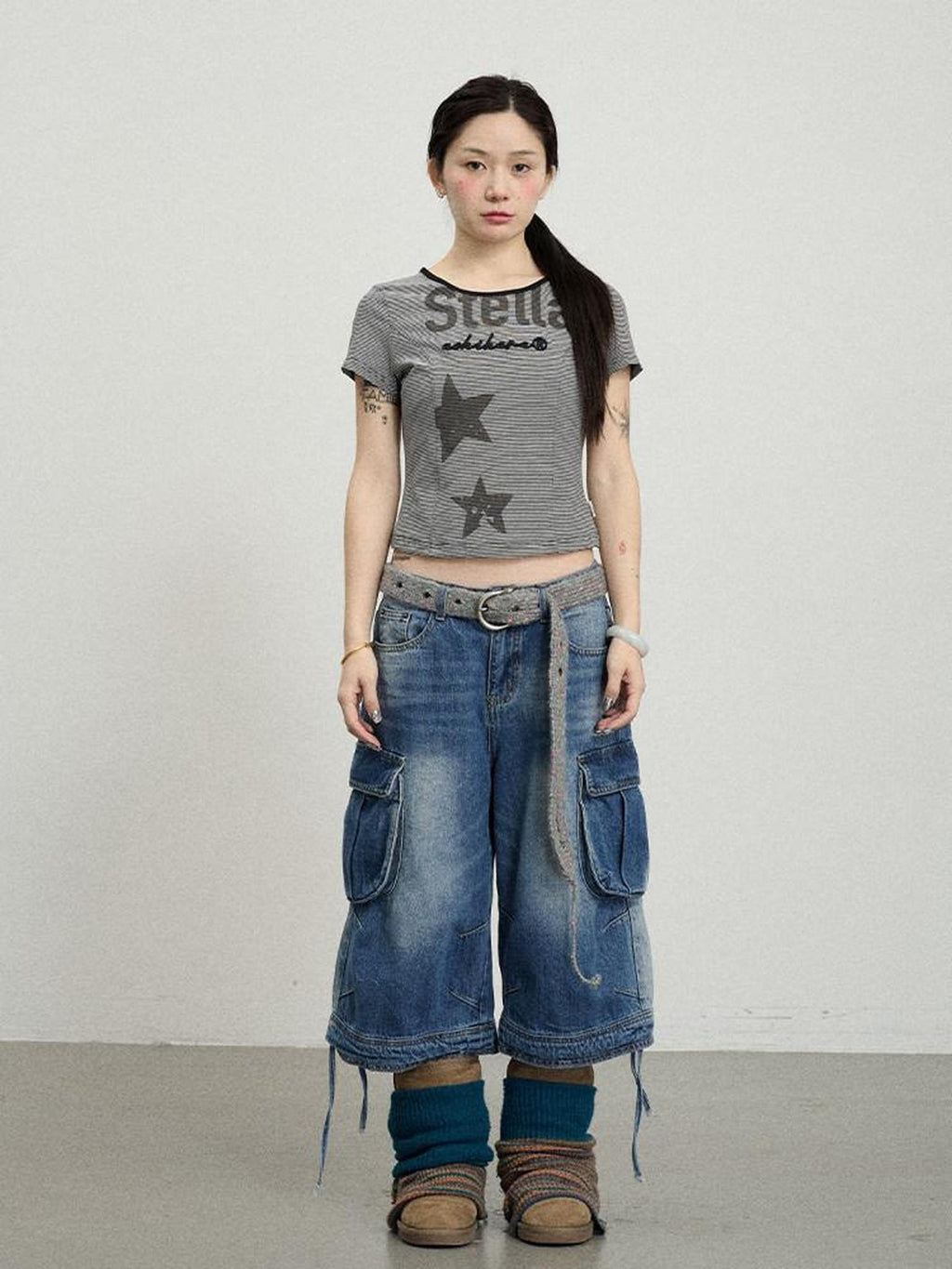Achihara Star Print Cropped Round Neck Women'S Cotton Spandex Short Sleeve T-Shirts