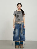 Achihara Star Print Cropped Round Neck Women'S Cotton Spandex Short Sleeve T-Shirts