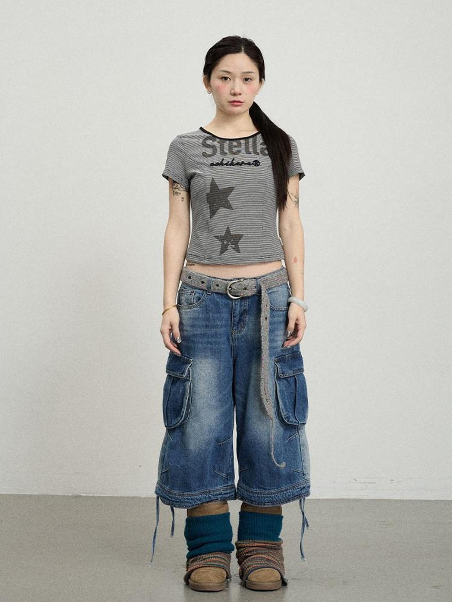 Achihara Star Print Cropped Round Neck Women'S Cotton Spandex Short Sleeve T-Shirts