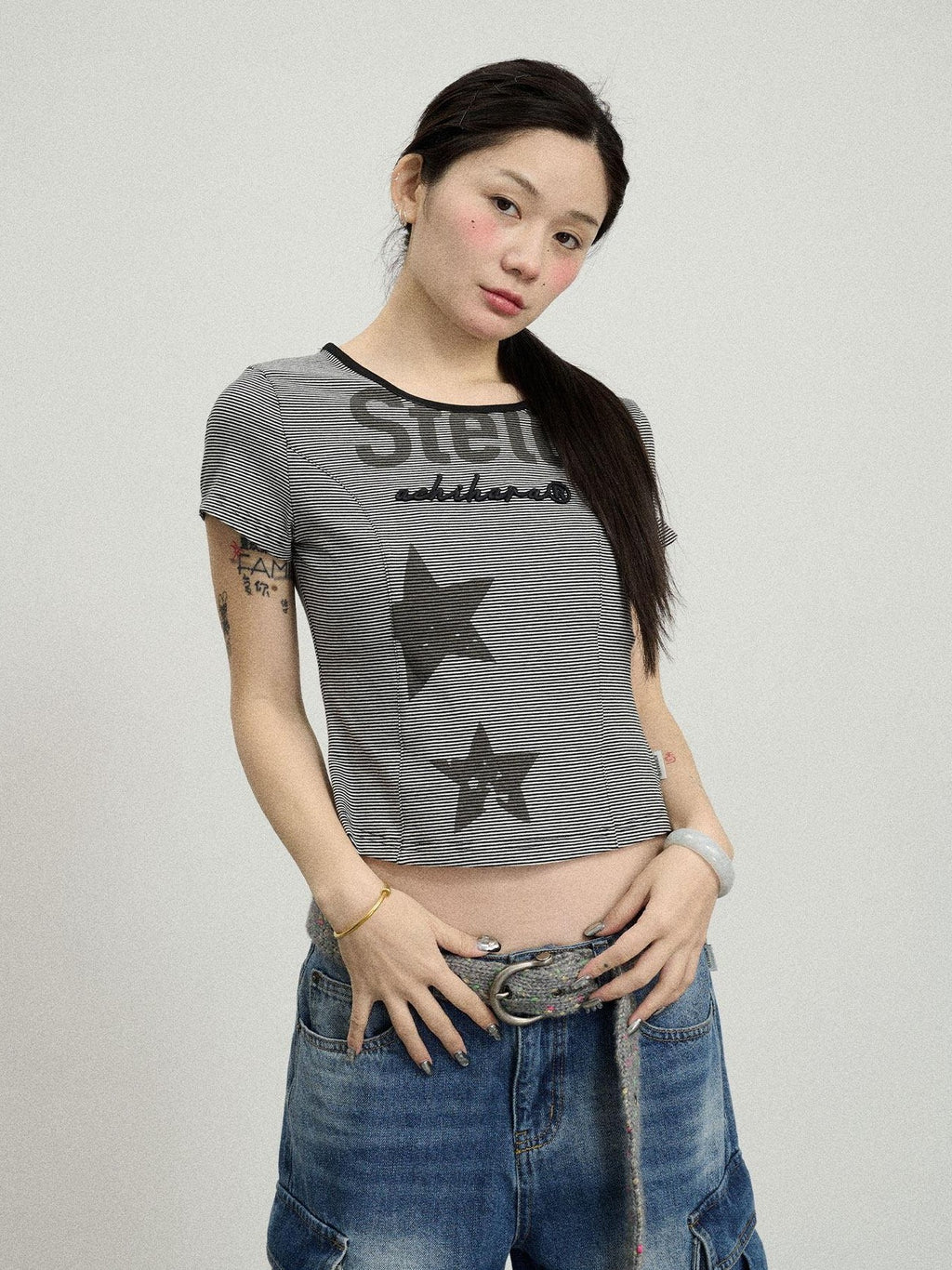 Achihara Star Print Cropped Round Neck Women'S Cotton Spandex Short Sleeve T-Shirts