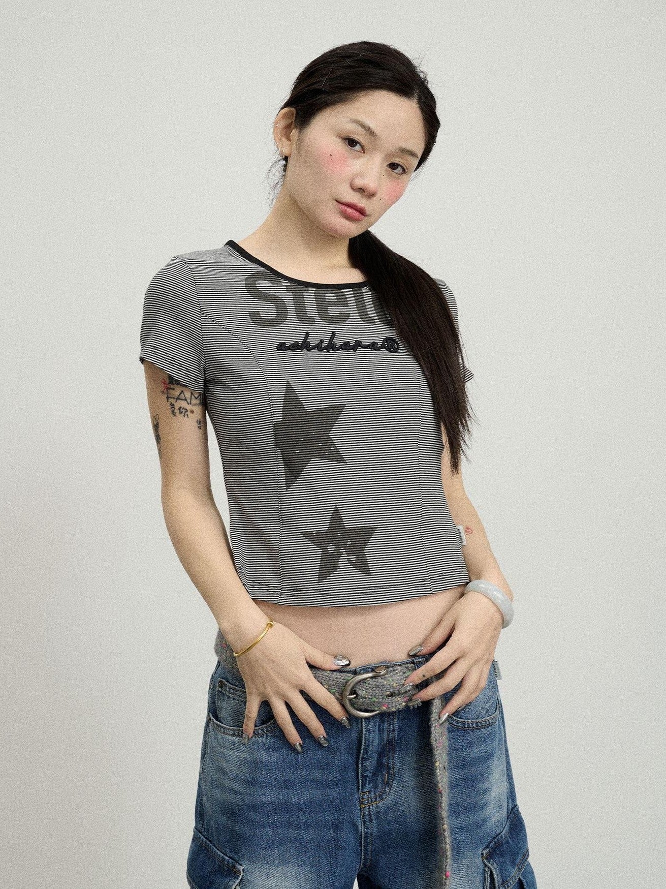 Achihara Star Print Cropped Round Neck Women'S Cotton Spandex Short Sleeve T-Shirts