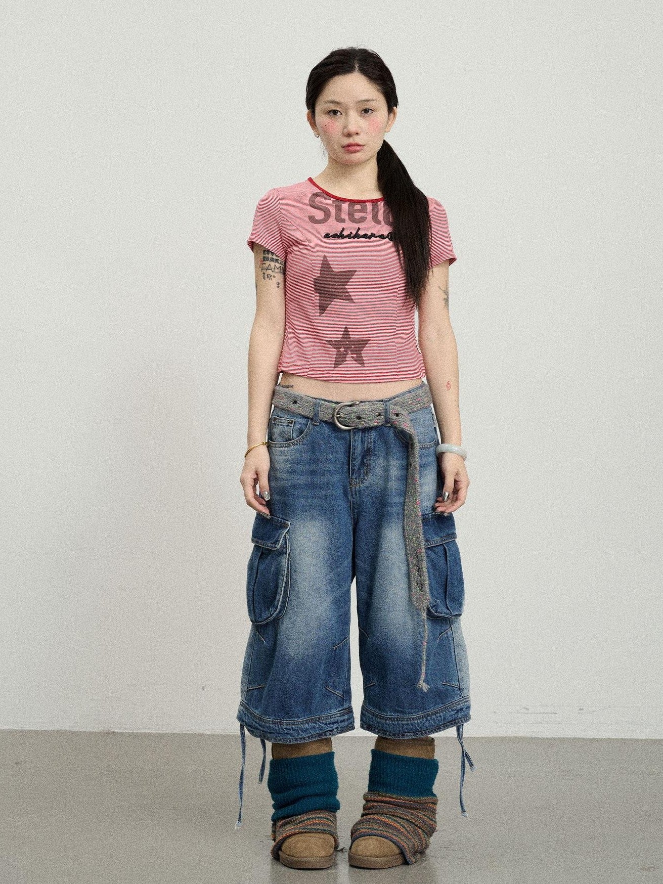 Achihara Star Print Cropped Round Neck Women'S Cotton Spandex Short Sleeve T-Shirts