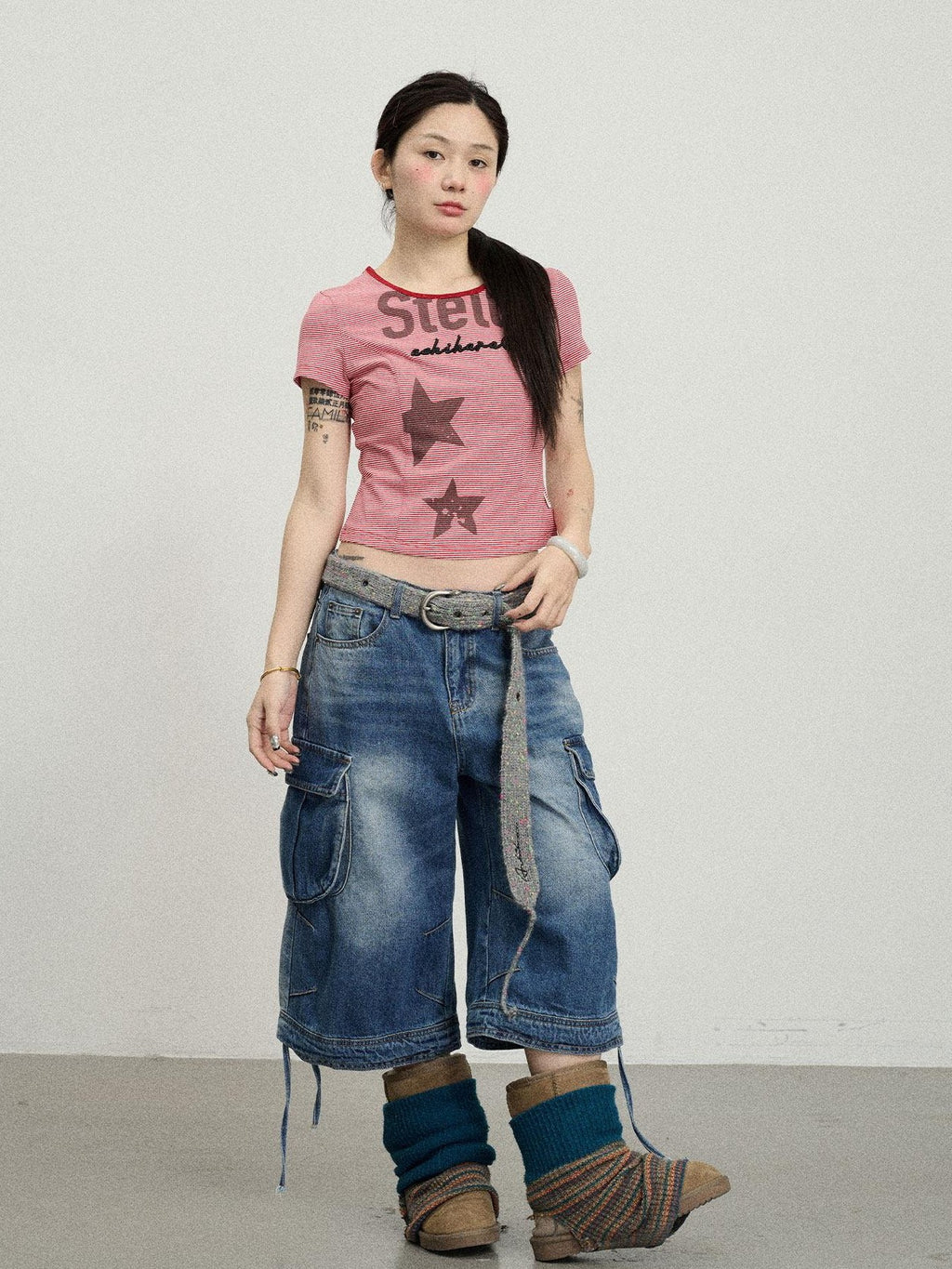 Achihara Star Print Cropped Round Neck Women'S Cotton Spandex Short Sleeve T-Shirts