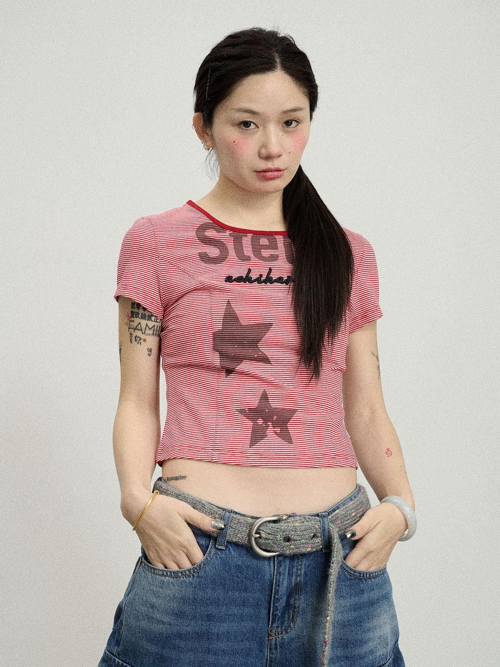 Achihara Star Print Cropped Round Neck Women'S Cotton Spandex Short Sleeve T-Shirts