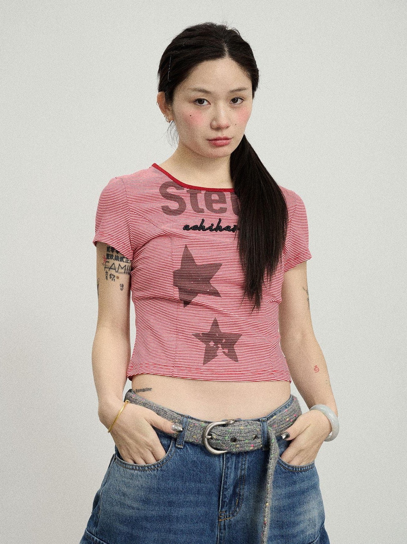 Achihara Star Print Cropped Round Neck Women'S Cotton Spandex Short Sleeve T-Shirts