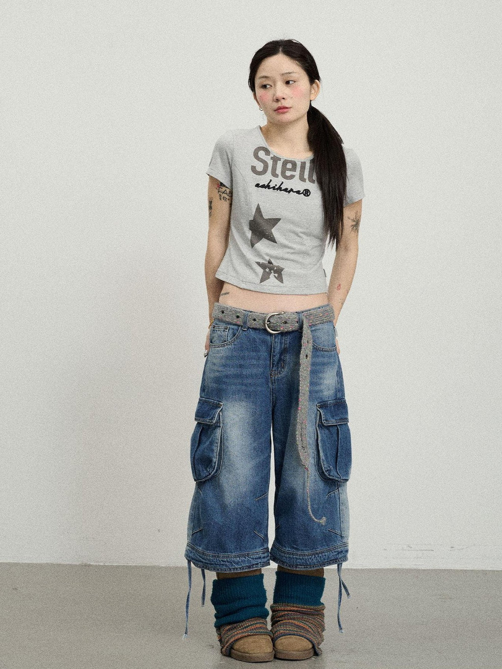 Achihara Star Print Cropped Round Neck Women'S Cotton Spandex Short Sleeve T-Shirts