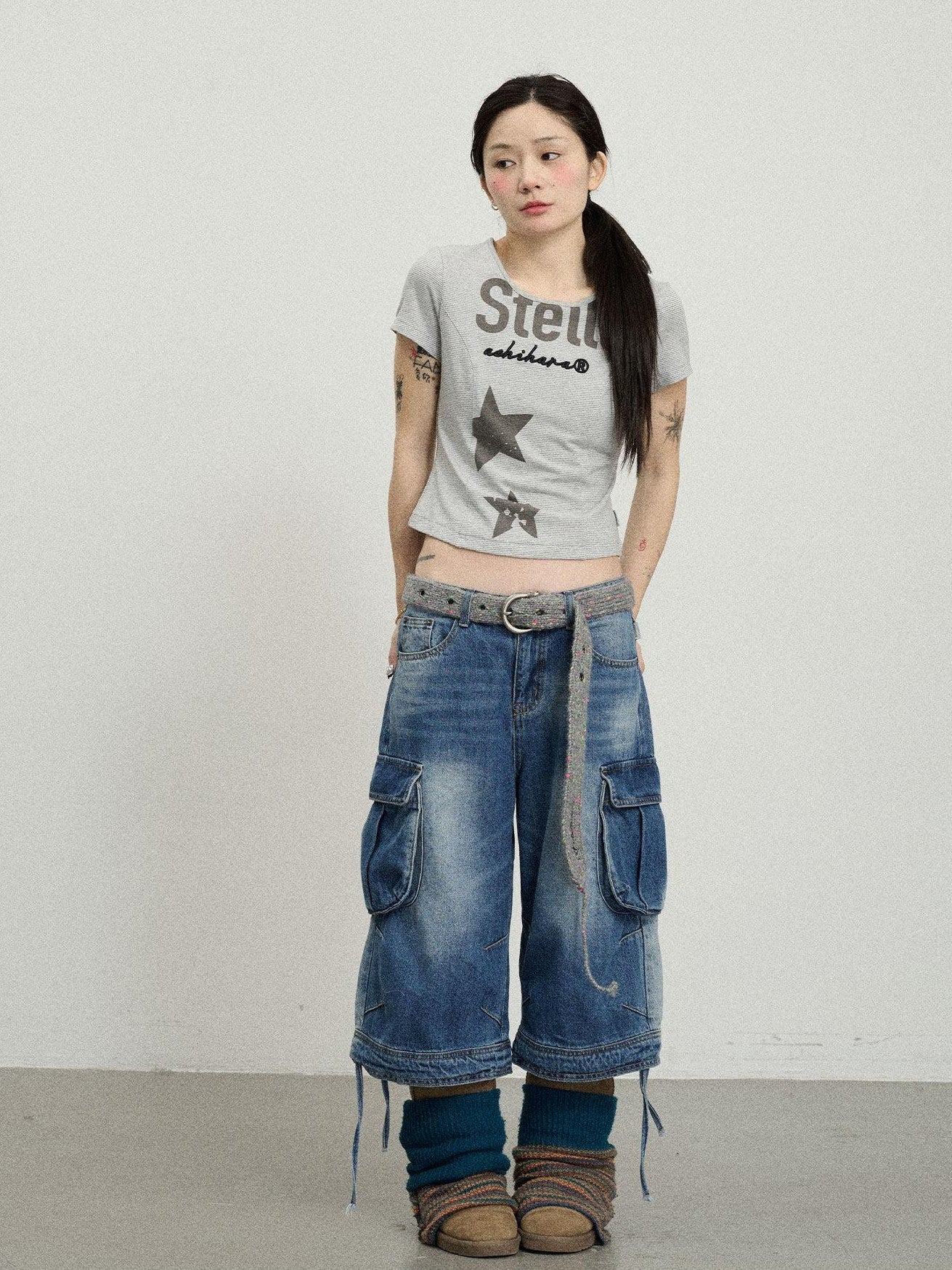 Achihara Star Print Cropped Round Neck Women'S Cotton Spandex Short Sleeve T-Shirts