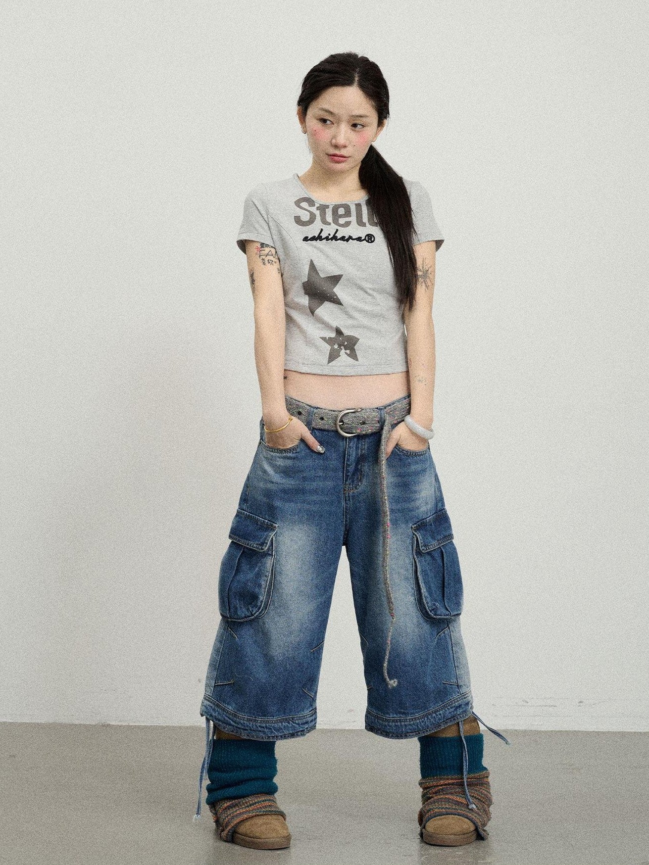 Achihara Star Print Cropped Round Neck Women'S Cotton Spandex Short Sleeve T-Shirts