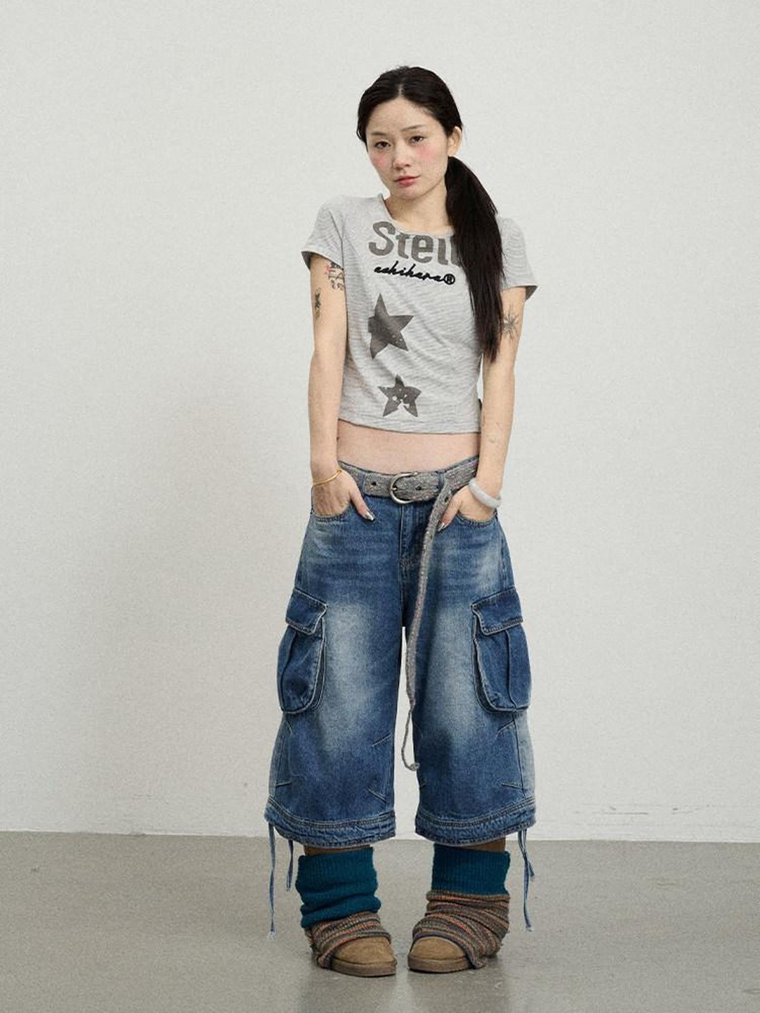 Achihara Star Print Cropped Round Neck Women'S Cotton Spandex Short Sleeve T-Shirts