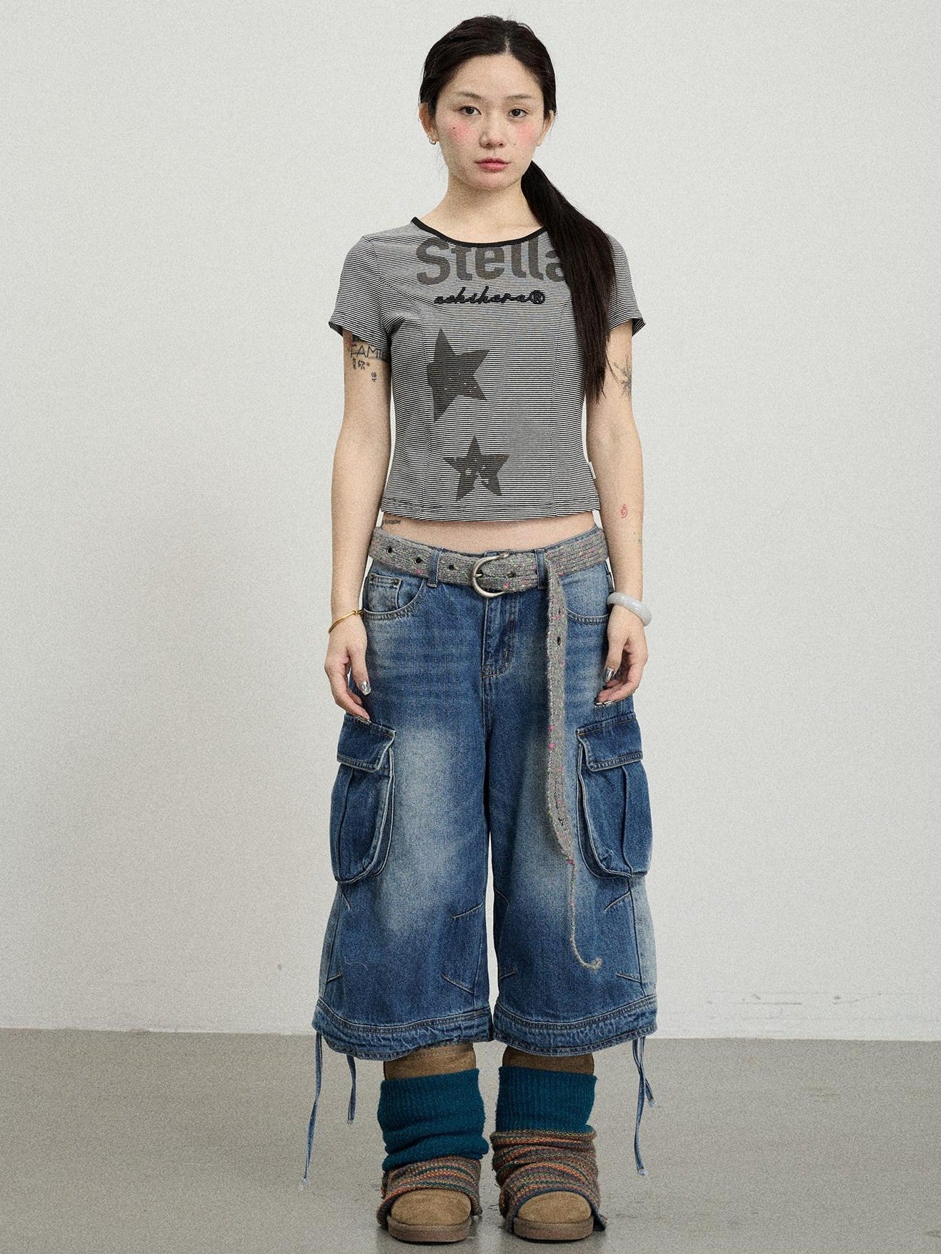 Achihara Star Print Cropped Round Neck Women'S Cotton Spandex Short Sleeve T-Shirts