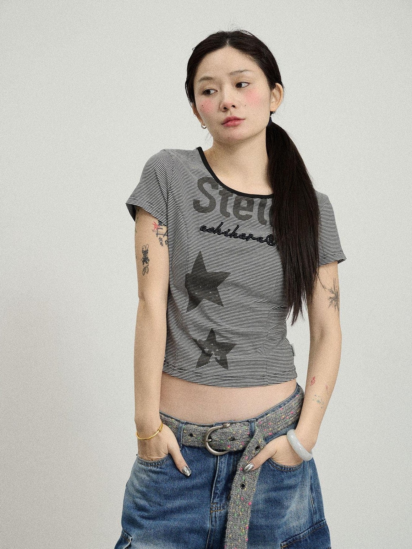 Achihara Star Print Cropped Round Neck Women'S Cotton Spandex Short Sleeve T-Shirts