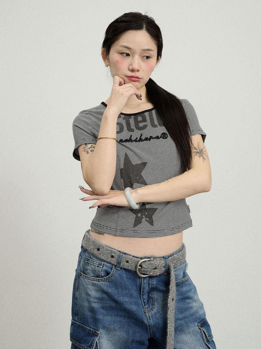 Achihara Star Print Cropped Round Neck Women'S Cotton Spandex Short Sleeve T-Shirts