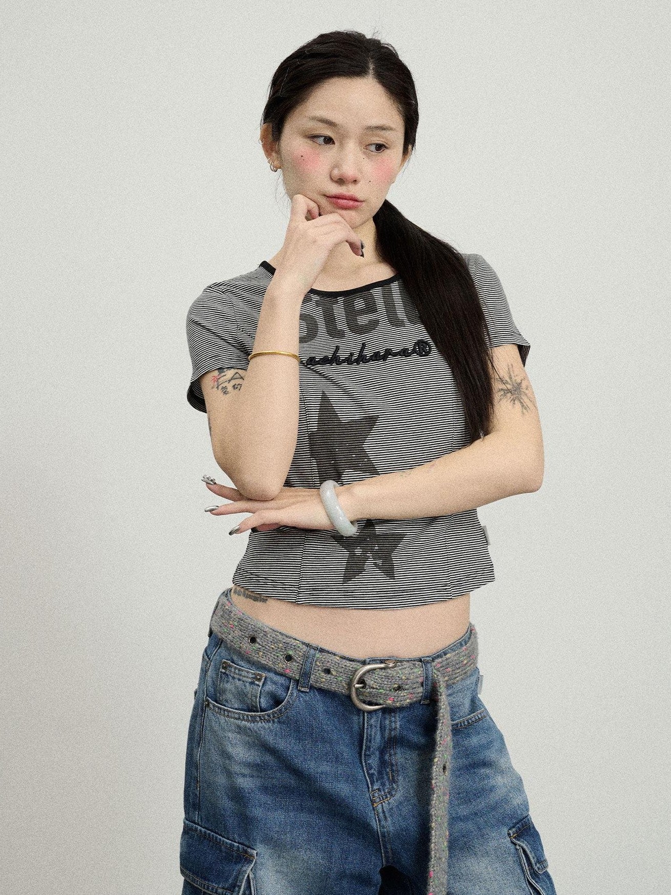 Achihara Star Print Cropped Round Neck Women'S Cotton Spandex Short Sleeve T-Shirts