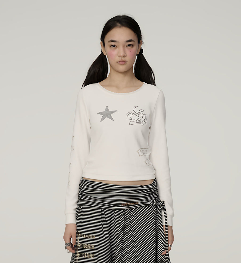 Achihara_Star_Print_Cropped_Round_Neck_Women'S_Polyester_Long_Sleeve_T-Shirts_MISSTT