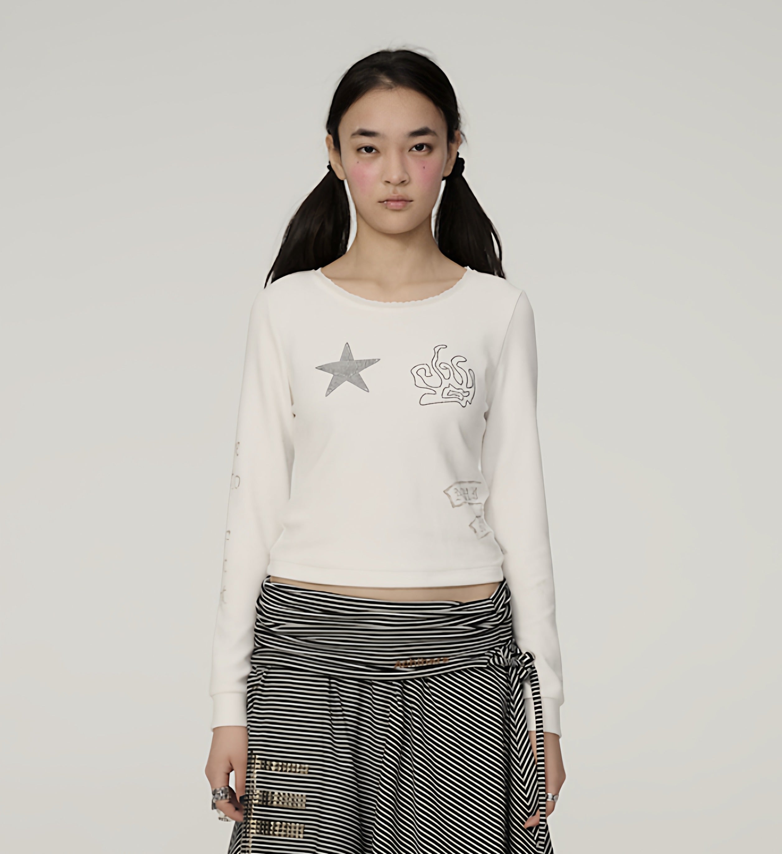 Achihara_Star_Print_Cropped_Round_Neck_Women'S_Polyester_Long_Sleeve_T-Shirts_MISSTT