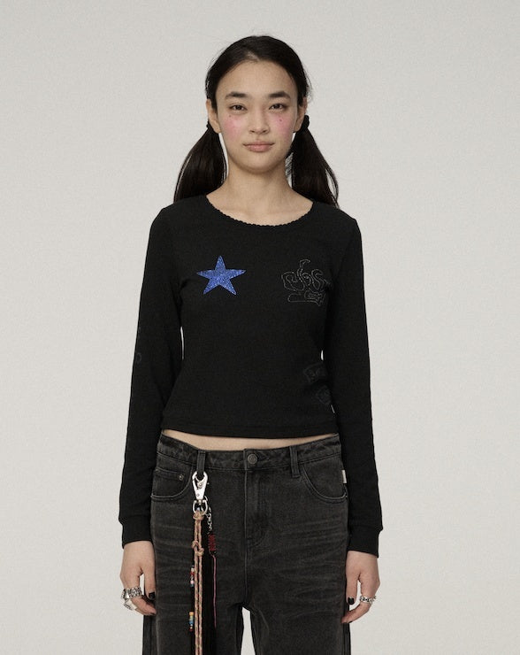 Achihara_Star_Print_Cropped_Round_Neck_Women'S_Polyester_Long_Sleeve_T-Shirts_MISSTT